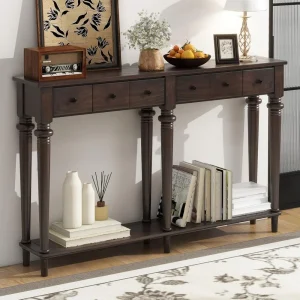 59.8" Classic Wood Console Table with Drawers & Shelf
